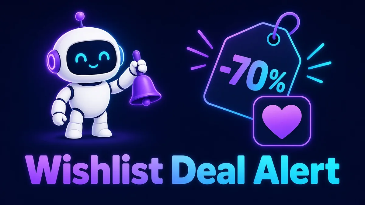 Wishlist Deal Alert cover: a robot ringing a bell next to a -70% price tag