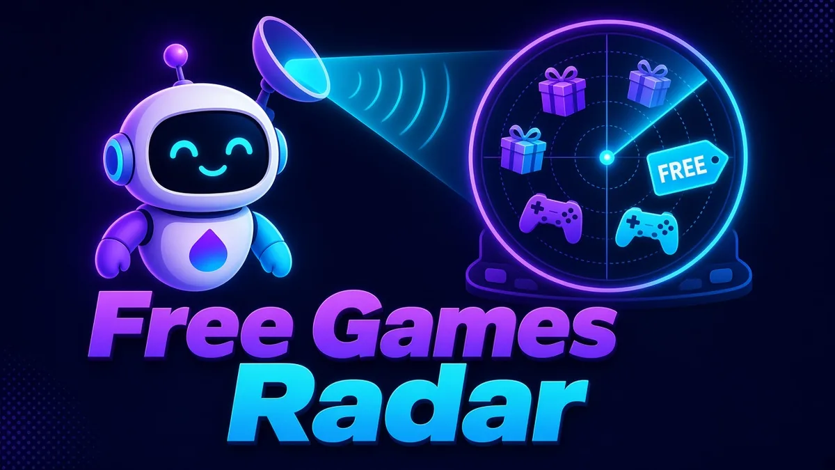 Free Games Radar cover: a robot beside a radar screen spotting free games and gifts