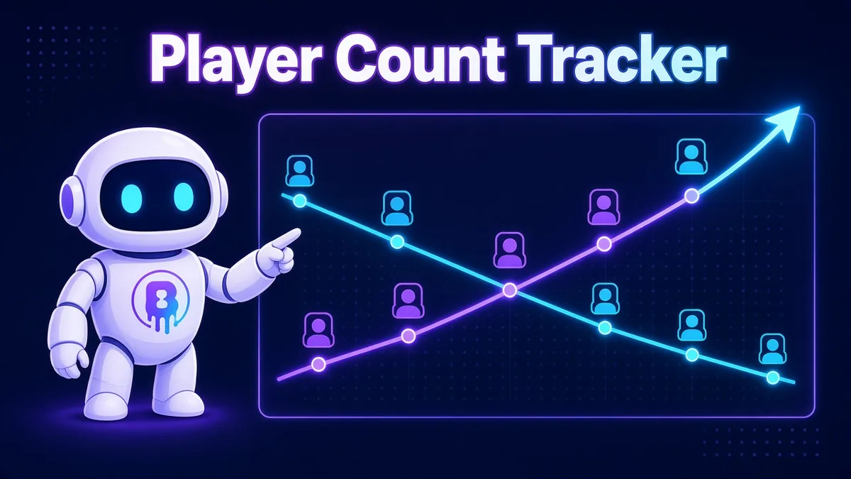 Player Count Tracker cover: a robot pointing at a rising player-count chart